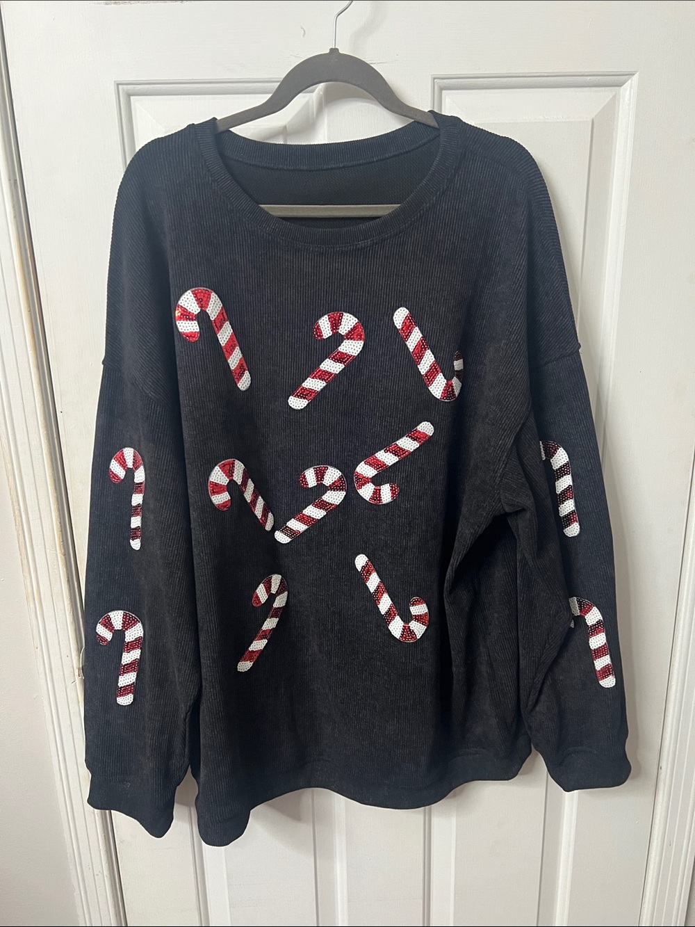 Black Corduroy Women's Holiday Candy Cane Pullover Sweatshirt
